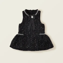 Autumn Girls' Coarse Tweed Sleeveless Vest Dress Winter Baby Black Elegant Rhinestone Hot Stamping Dress Kids Dresses for Girls