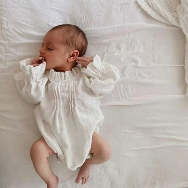 رومبير بأكمام طويلة من قطعة واحدة للفتيات حديثي الولادة ، ملابس الأميرة الأخوات ، فستان من الكتان والقطن ، ملابس للفتيات الصغيرات ، الربيع والخريف