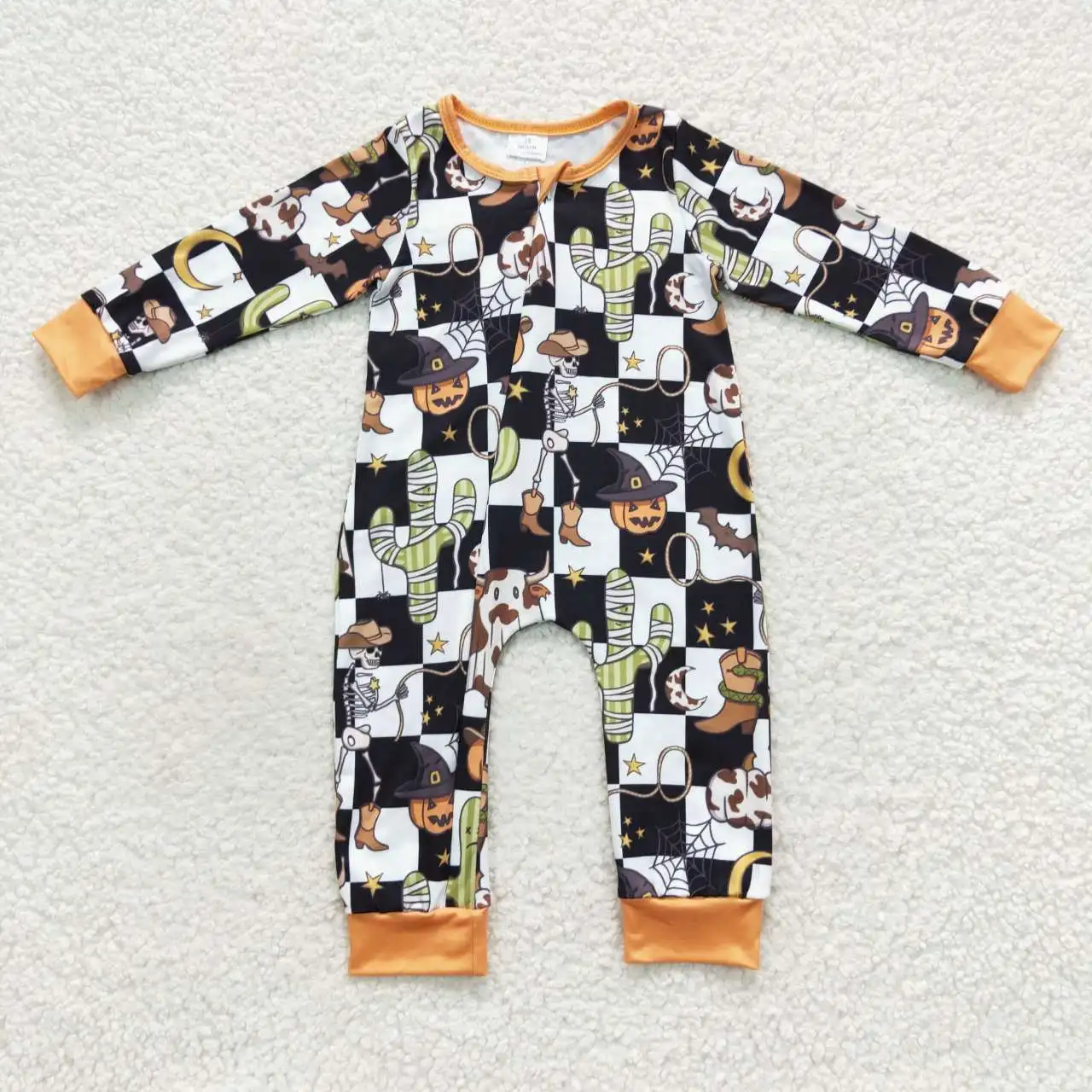 Wholesale Baby Boy Pumpkin Skull Cactus Western Cow Jumpsuit Kids Toddler Long Sleeves One-piece Newborn Halloween Zipper Romper