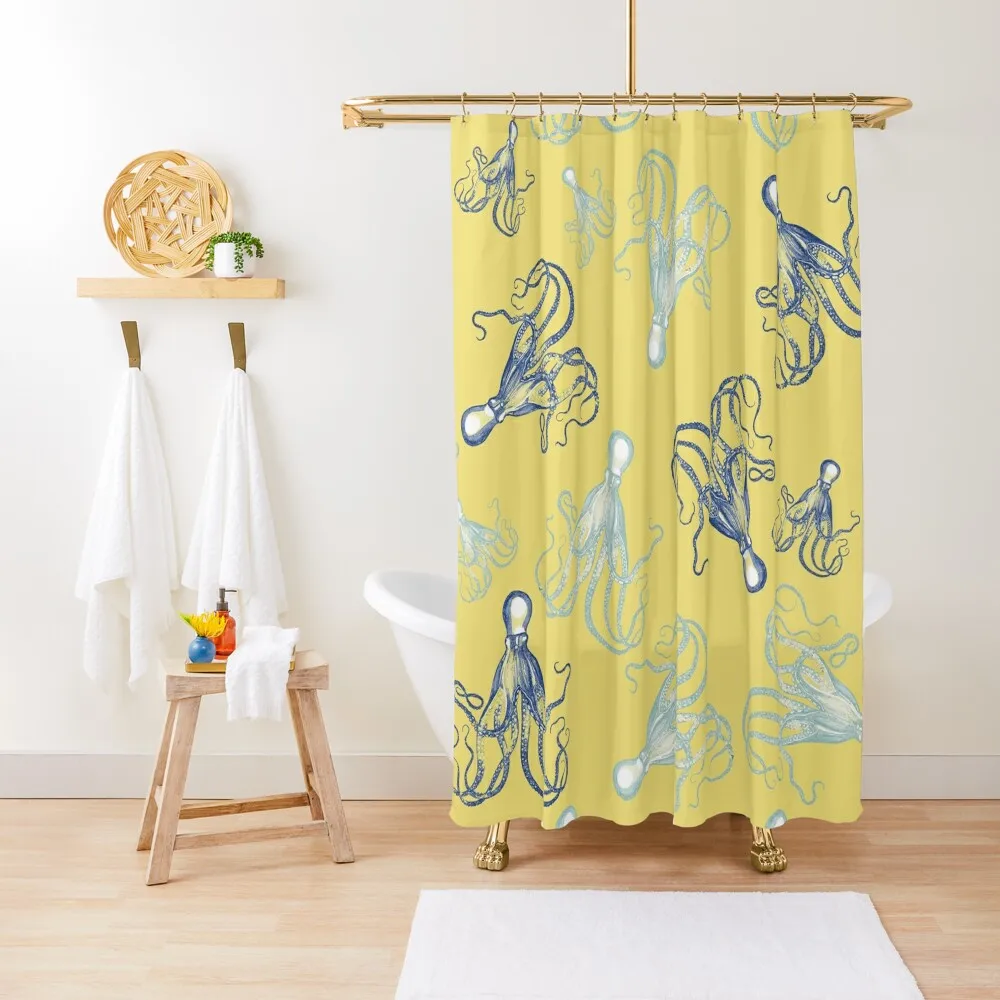 

Vintage Octopus Blue Aqua Yellow Pattern Shower Curtain Waterproof Bathroom Shower For The Bathroom Waterproof Shower Curtain