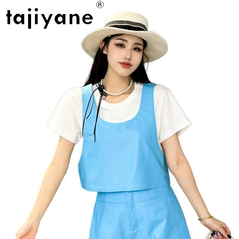 TAJIYANE Genuine Sheepskin Leather Jacket Woman Sleeveless Round Neck Top Gilet Cropped Leather Vest Veste Femme Waistcoat 2026