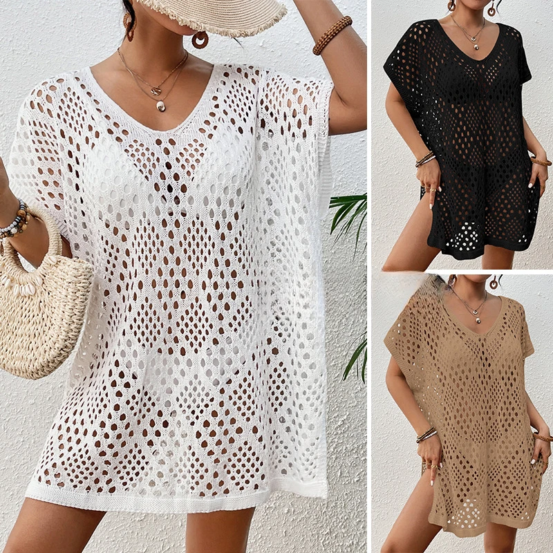 2024 Trend Women Beach Dress Swimsuit Cover Up Female Sexy Hollow Crochet V Neck Short Sleeve Bikinis Cover Up Women\'s Swimsuit