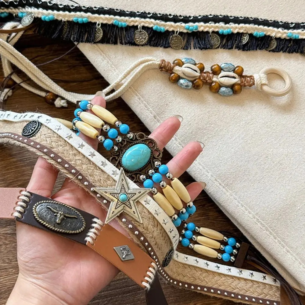 موضة بولي Leather الجلود العرقية نمط حزام الرجعية حزام البوهيمي نمط الخصر سلسلة الدنيم الغربي الكورية نمط نسج حزام المرحلة #2