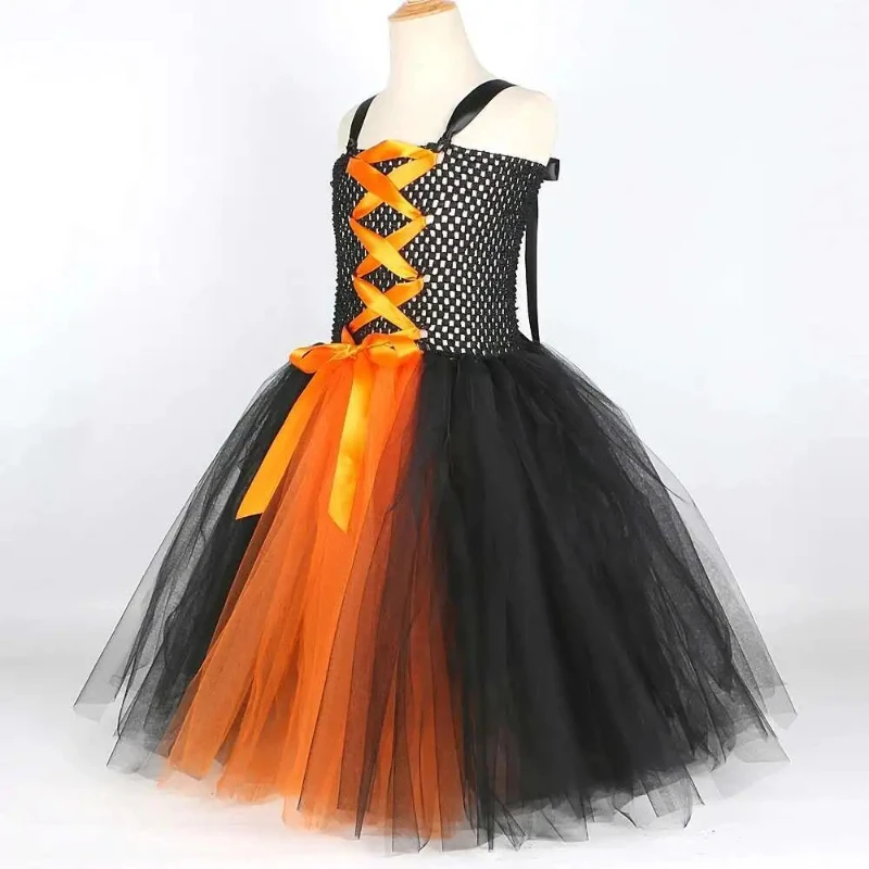 

Оранжевое, черное длинное платье-пачка ведьмы для детей, полный костюм на Хэллоуин со шляпой, метлой, детский карнавальный наряд для маскировки