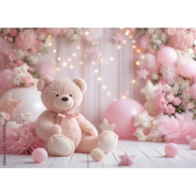 Pink Bear Digital Background for Baby Birthday Cake Smash Studio Photography Backdrops with Pastel Pink Star Background TD-03