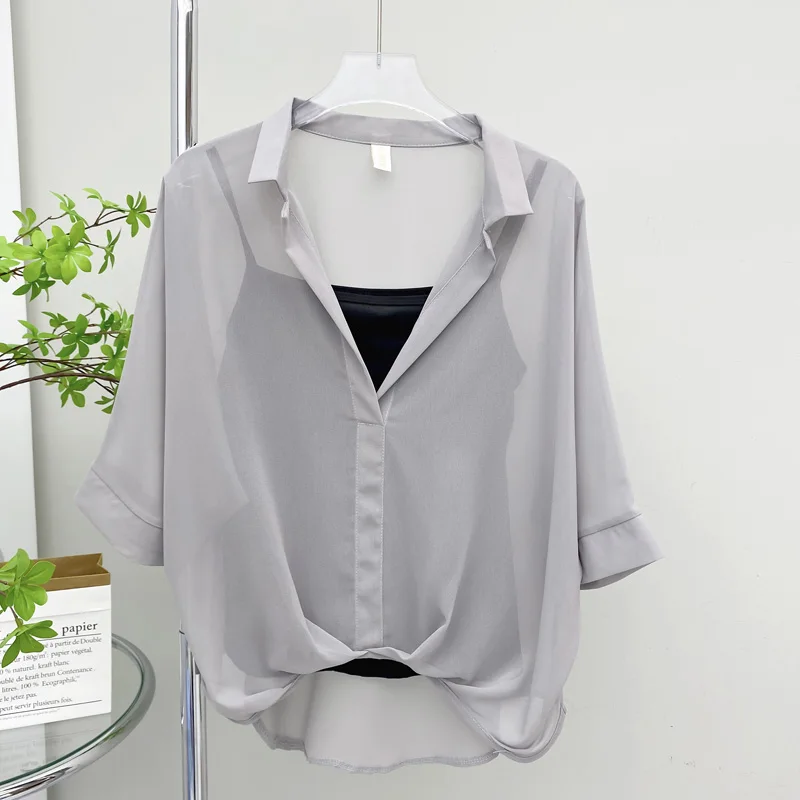 Camisa de gasa para mujer, camisa holgada de manga corta de murciélago, estilo coreano, novedad de verano, 2024