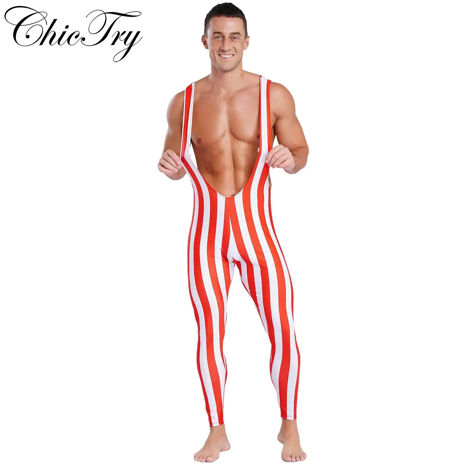 Macacão listrado de natal masculino papai noel profundo decote em u sem mangas mostrando macacão muscular luta singlets festa de natal collant