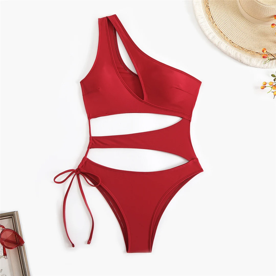 Asymmetrischer Badeanzug mit Cut-Outs und einem Schulterträger, einteiliger Badeanzug für Damen, Monokini mit hohem Beinausschnitt, Badebekleidung, Badeanzug, Modell V6254. – Detail 32