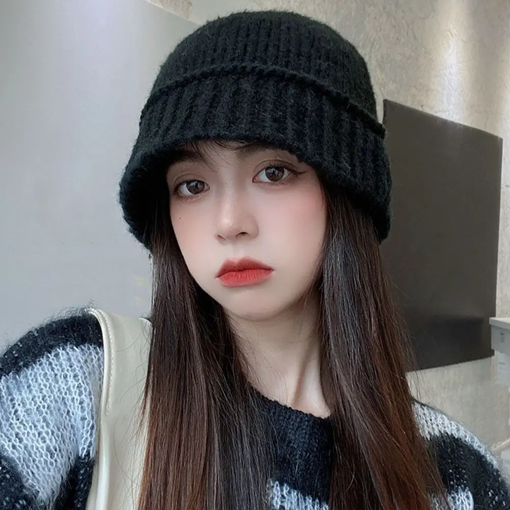 Autumn Wool Bucket Hat Knitted Warm Skull Hat Soft Crochet Fisherman Cap Women
