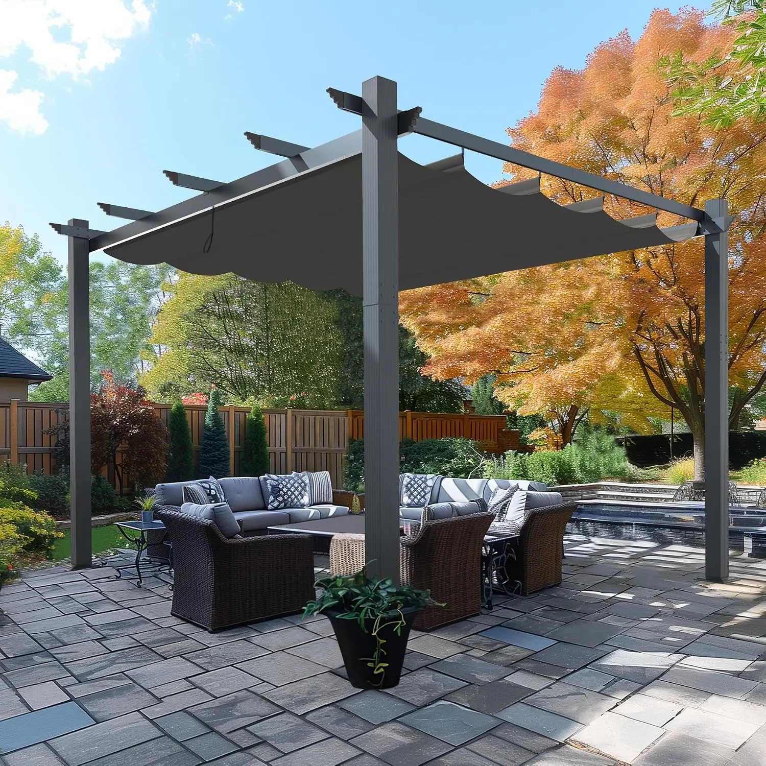 10'x13' Aluminum Pergola Patio with Weather-Resistant Retractable Canopy for Backyard Deck Garden, Customized
