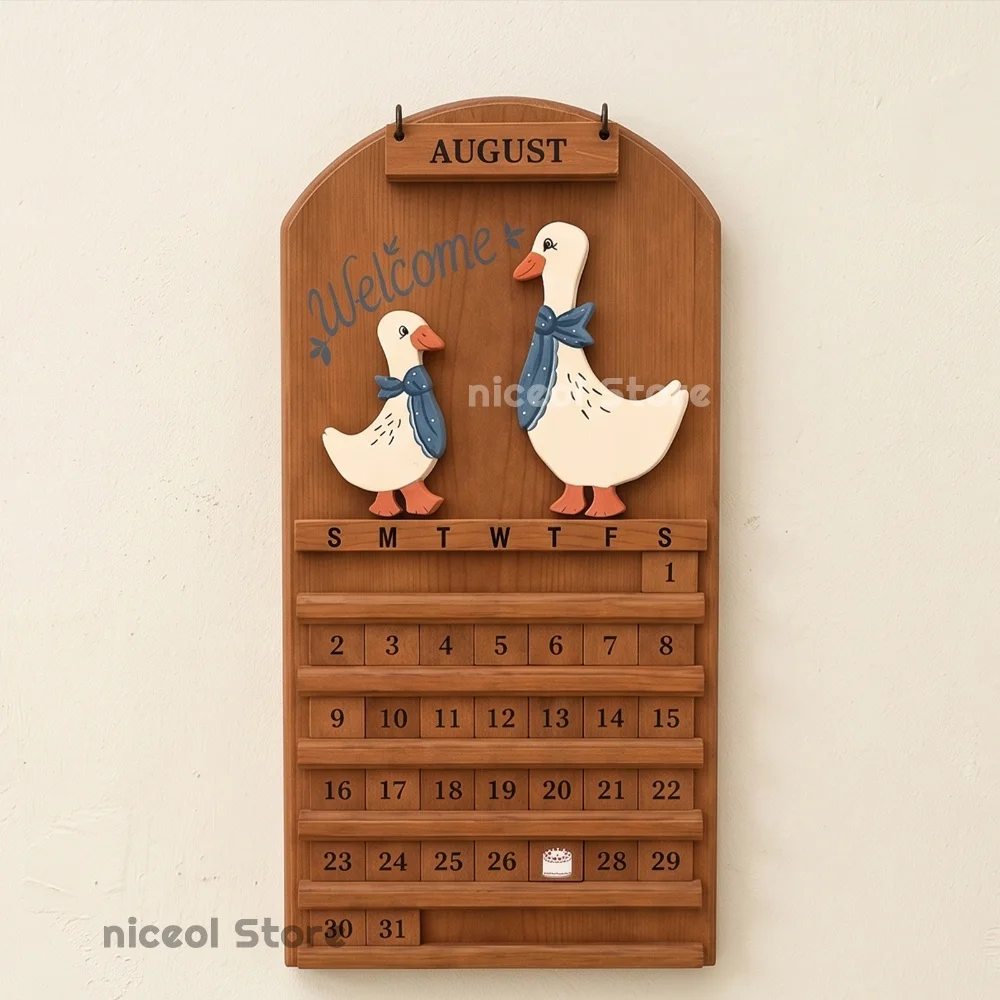Perpetual Rustic Wooden Calendar Goose Welcome Farmhouse Wall Hanging Monthly Adjustable Date Decor