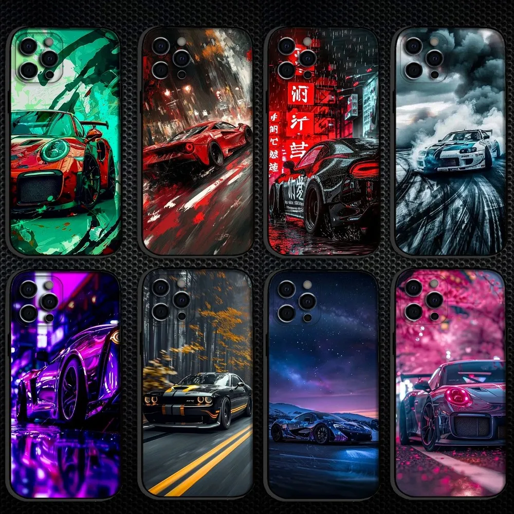 

Super Aesthetic Sports Car Phone Case For iPhone 16,15,14,13,12,11 Plus,Pro Max, Soft Silicone Black Cover