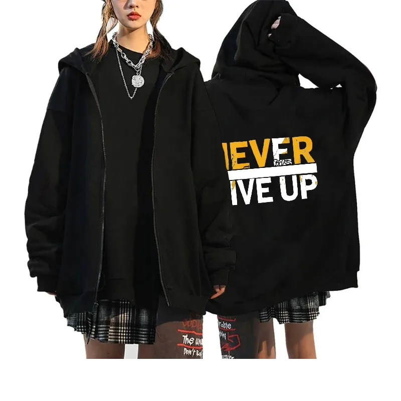 

Men's Hooded Jacket Black Never Give Up Printed Streetwear Casual Outerwear for Daily Wear and Outdoor Activities