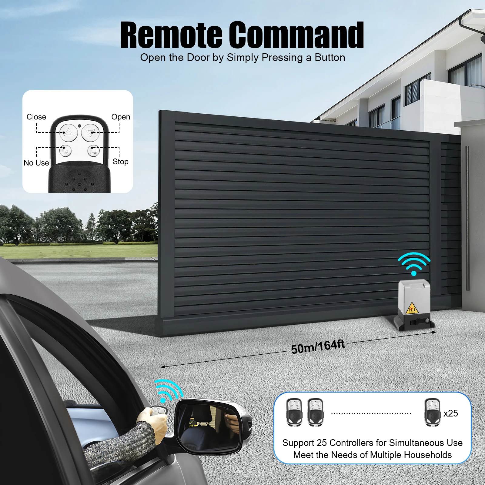 Abridor Automático de Portão Deslizante com 6 Trilhos de Engrenagem, Abridor Elétrico de Portão Deslizante 750W 1600Kg 12m, Acionamento Automático de Portão Deslizante com Baixo Ruído 50dB, Kit Abridor de Portão Elétrico com 2 Controles Remotos, 2 Sensores Infravermelhos e 6 Trilhos de Engrenagem de 1m
