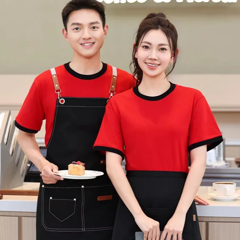 

Catering Fast Food Restaurant Milk Tea Shop Waiter Round Neck Short Sleeve Work Uniform Restaurant BBQ Steak Shop Employee Summe