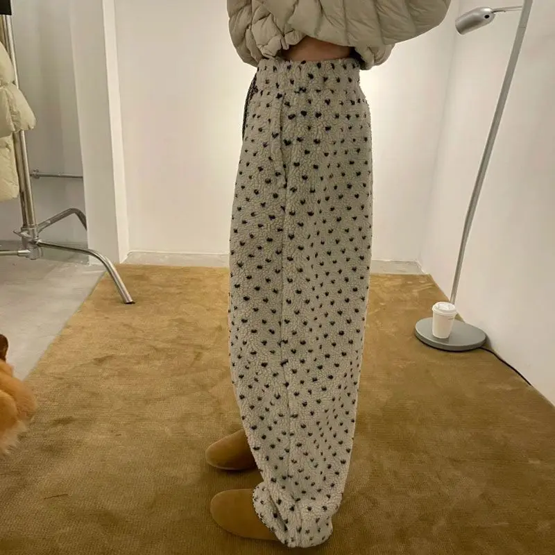 Love Polka Dots-broek Koreaanse herfst en winter Woon-werkverkeer Wollen geruite broek Losse rechte casual broek met trekkoord Nieuw