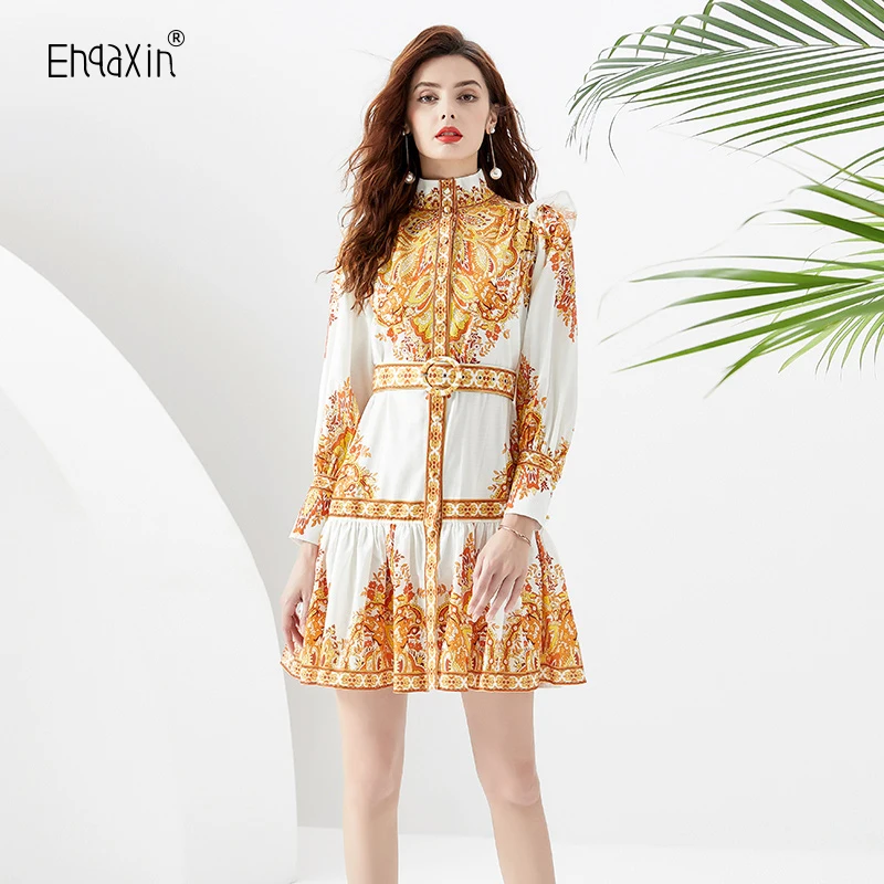 EHQAXIN Summer Womens Dress 2023 Vacation Retro Palace Style Loose Lantern Sleeves Colored Mini Ruffle Long Sleeve Dresses S-2XL