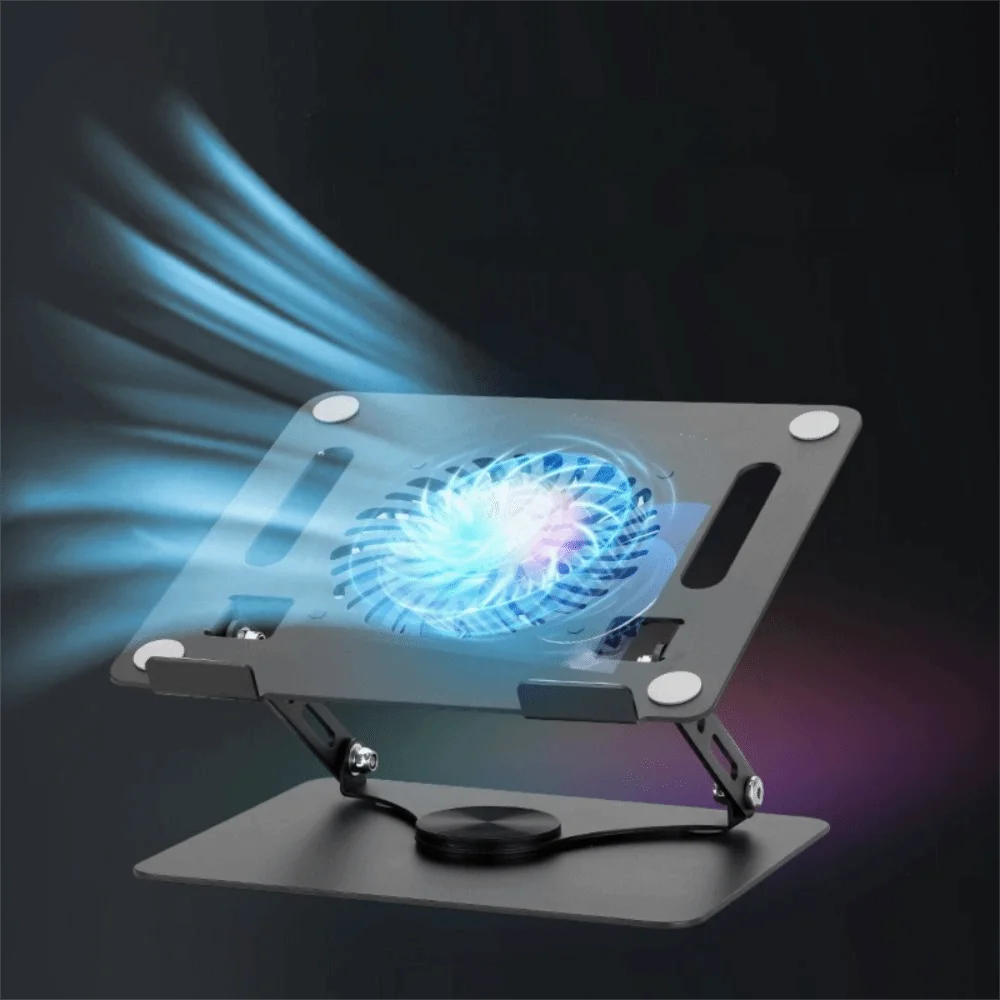 

360 Rotating Base Notebook Computer Stand Adjustable Foldable Tablet Cooling Fan Holder Hollow-Out Carbon Steel Computer Riser