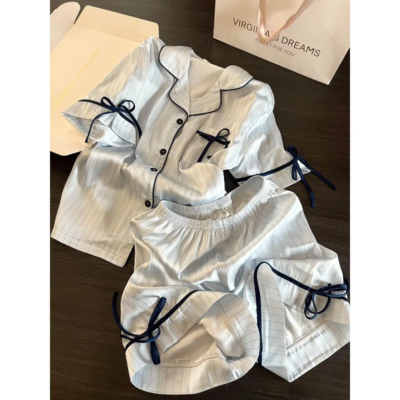 Korean-style Striped Minimalist Women's Spring and Summer Pajamas Set with Lace-up Bowknot Design Casual 2026