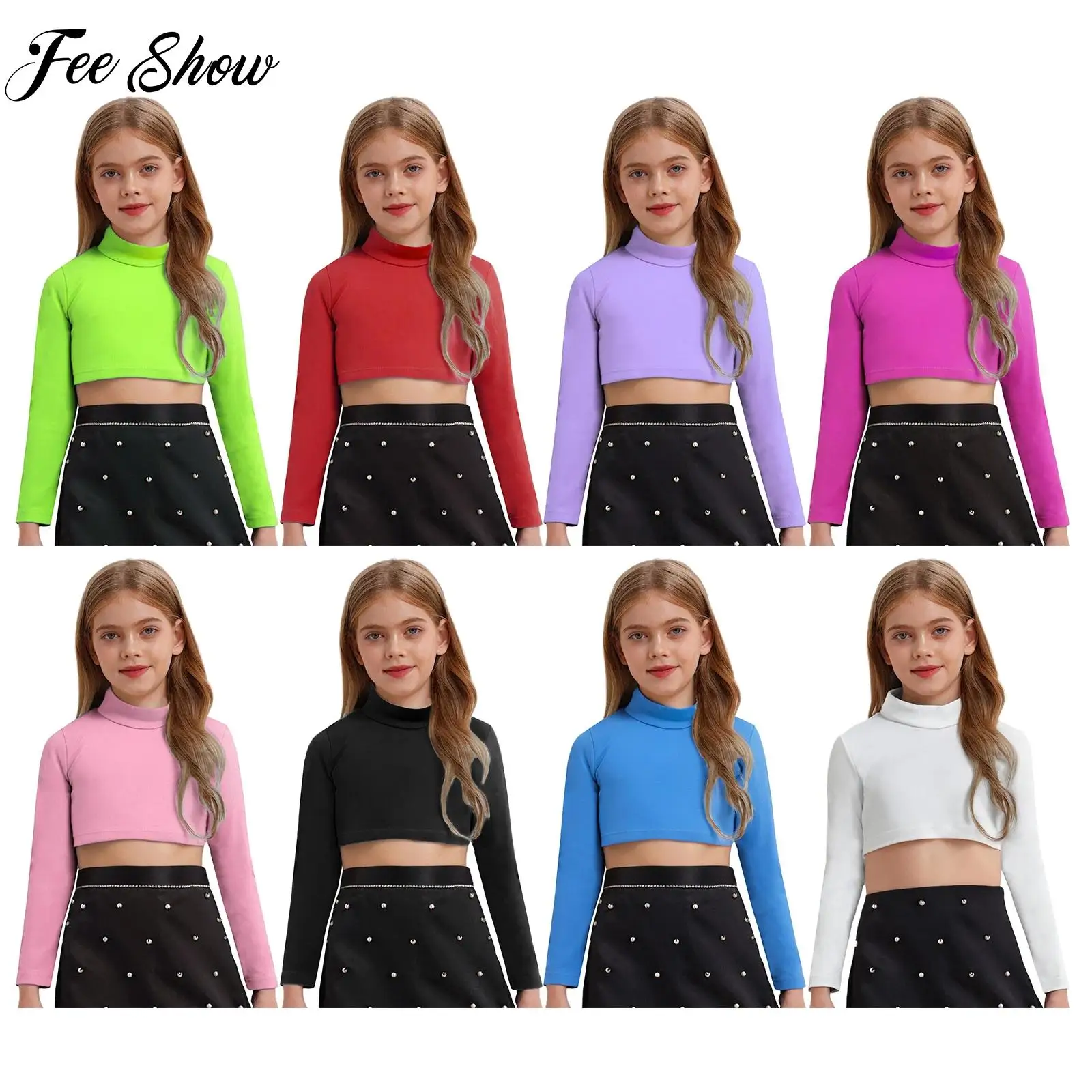 

Girls Casual Top Streetwear Long Sleeves High-neck Solid Color Crop Top with Navel Exposed for Dancing Stage Performance Workout