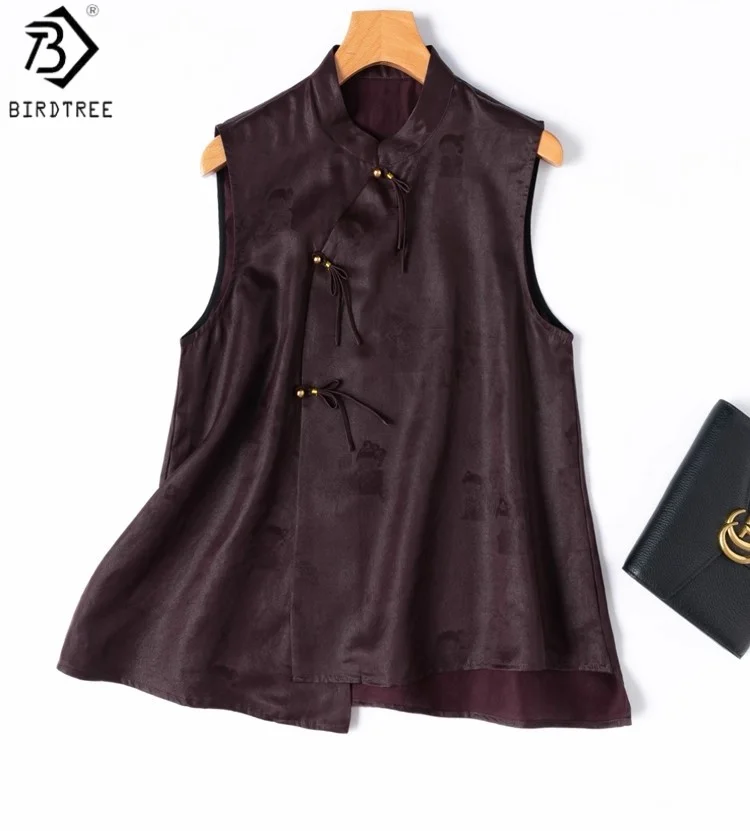 

Birdtree Women 100% Mulberry Silk Rosewood Vest,Jacquard Xiangyun Yarn Stand Collar Sleeveless Single Breasted Vest Top T58817JF