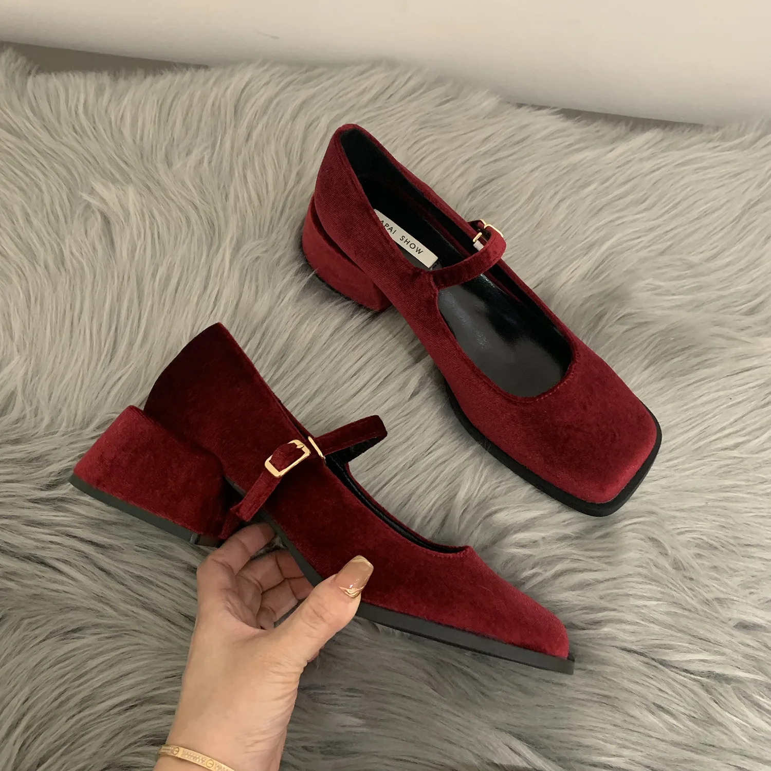 French Vintage Velvet High Heels, Thick Heels Mary Jane Women\'s Shoes Small Leather Shoes Wedding Shoes Women Zapatos De Mujer