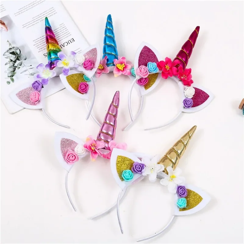 Kids Princess Headband Glitter Ears Hairband Rainbow Horn Headwear Christmas Party Hair Accessories Birthday Gift DIY1pc