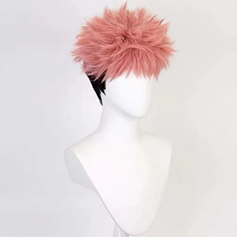 Yuji Itadori Cosplay Perücke mit Tattoo Jujutsu Kaisen Anime Perücke rosa schwarz Kostüm Perücke mit Perücke Kappe für Cosplay Halloween Party