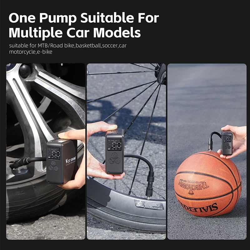 WEST BIKING Mini Electric Pump 150PSI Portable Bicycle Tire Inflator LCD Display Motorcycle Car E-bike MTB Road Bike Pump AV/FV