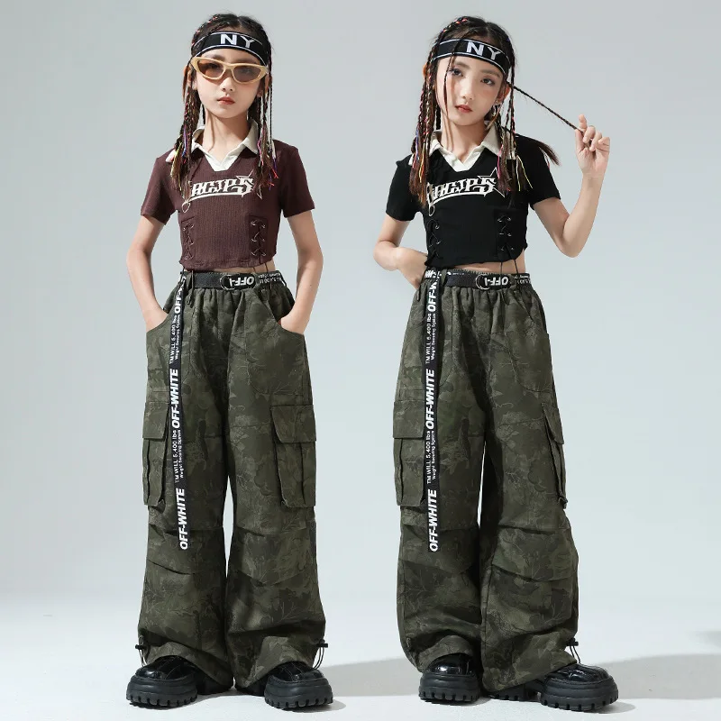 Kid Hip Hop Clothing Brown Lapel Crop Top T Shirt Camouflage Casual Ruched Cargo Baggy Pants for Girl Jazz Dance Costume Clothes