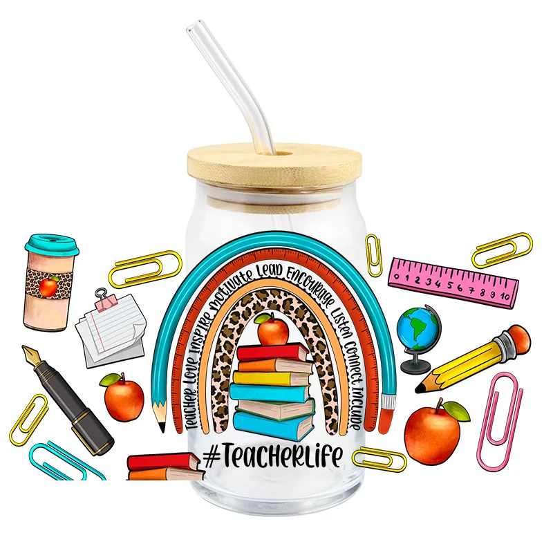 Teacher Life UV DTF  Transfer Sticker DIY For Wraps Waterproof Glass Cups Love Inspire Motiuate Lead Encourage Connect Include