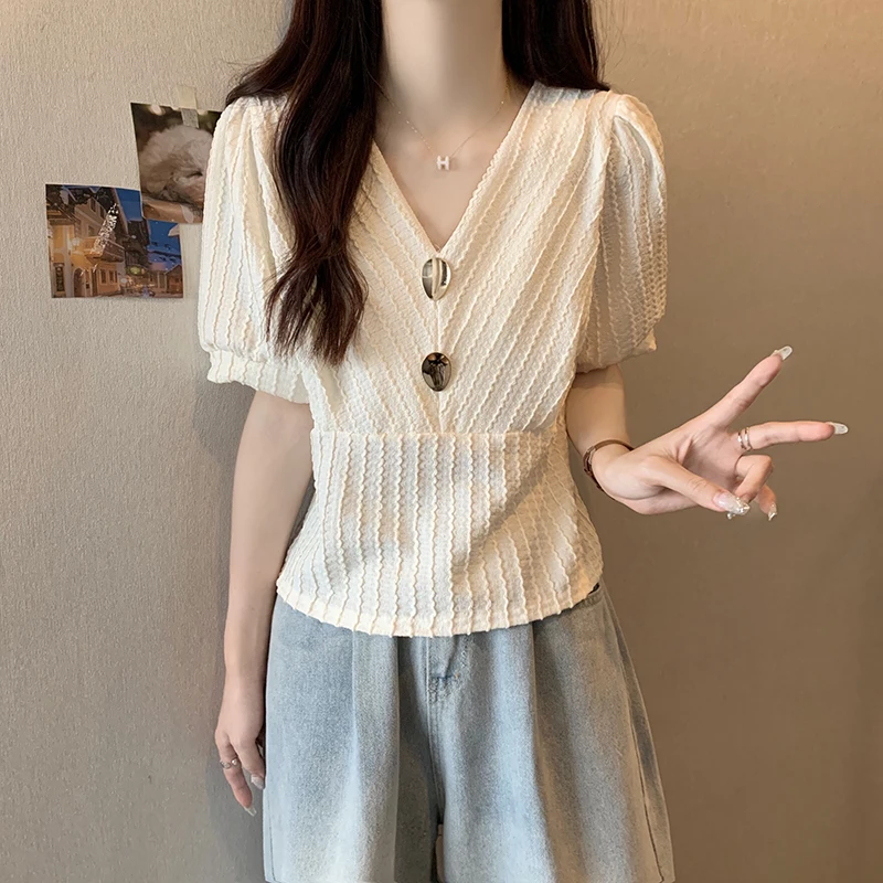 

2023 New Arrival Summer Korean Style Women Casual Slim V-neck Short Sleeve Blouse All-matched Fashion Casual Shirts V298