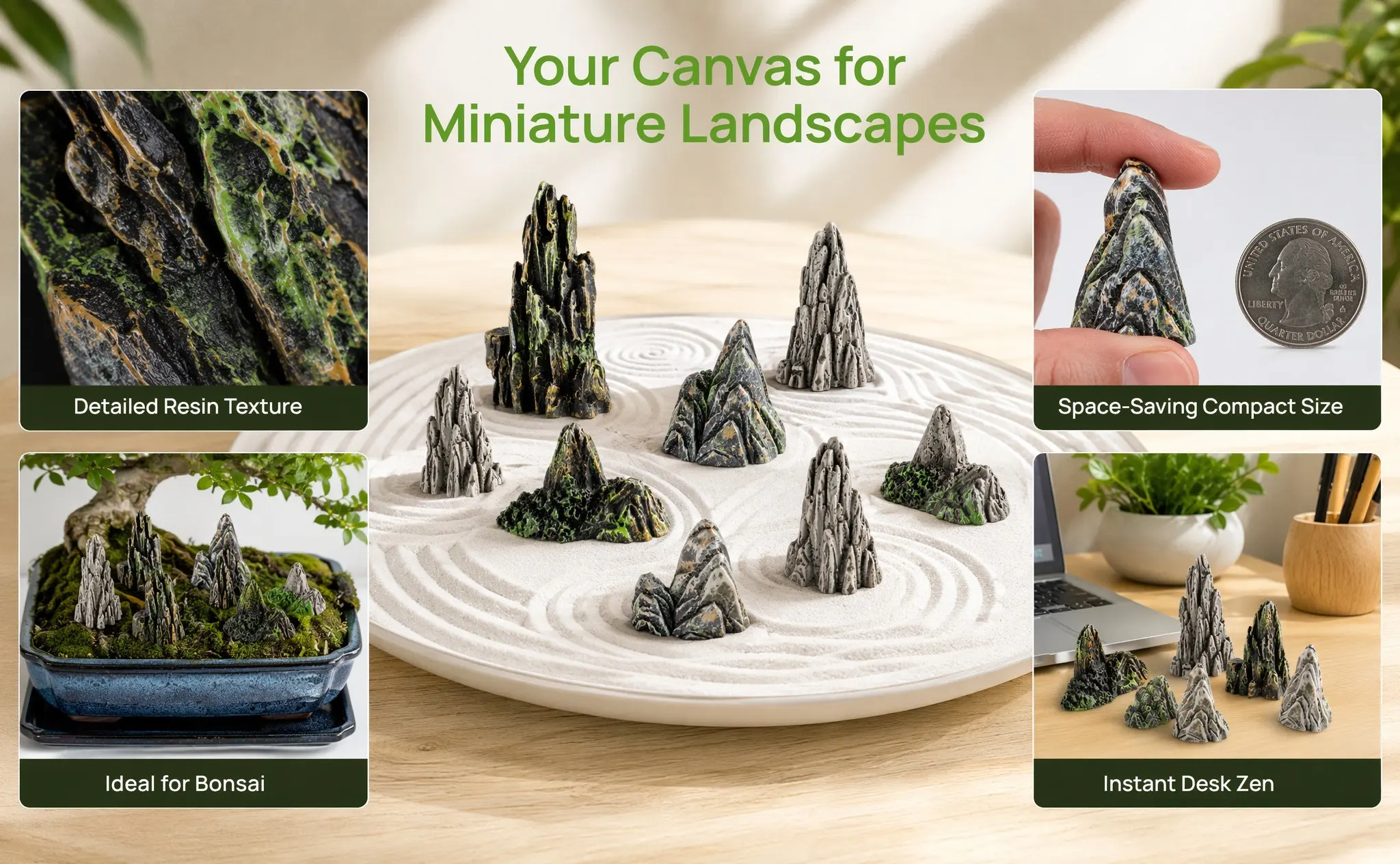Bonsai Zen Garden Set - 8Pcs Mini Resin Rockery Set for