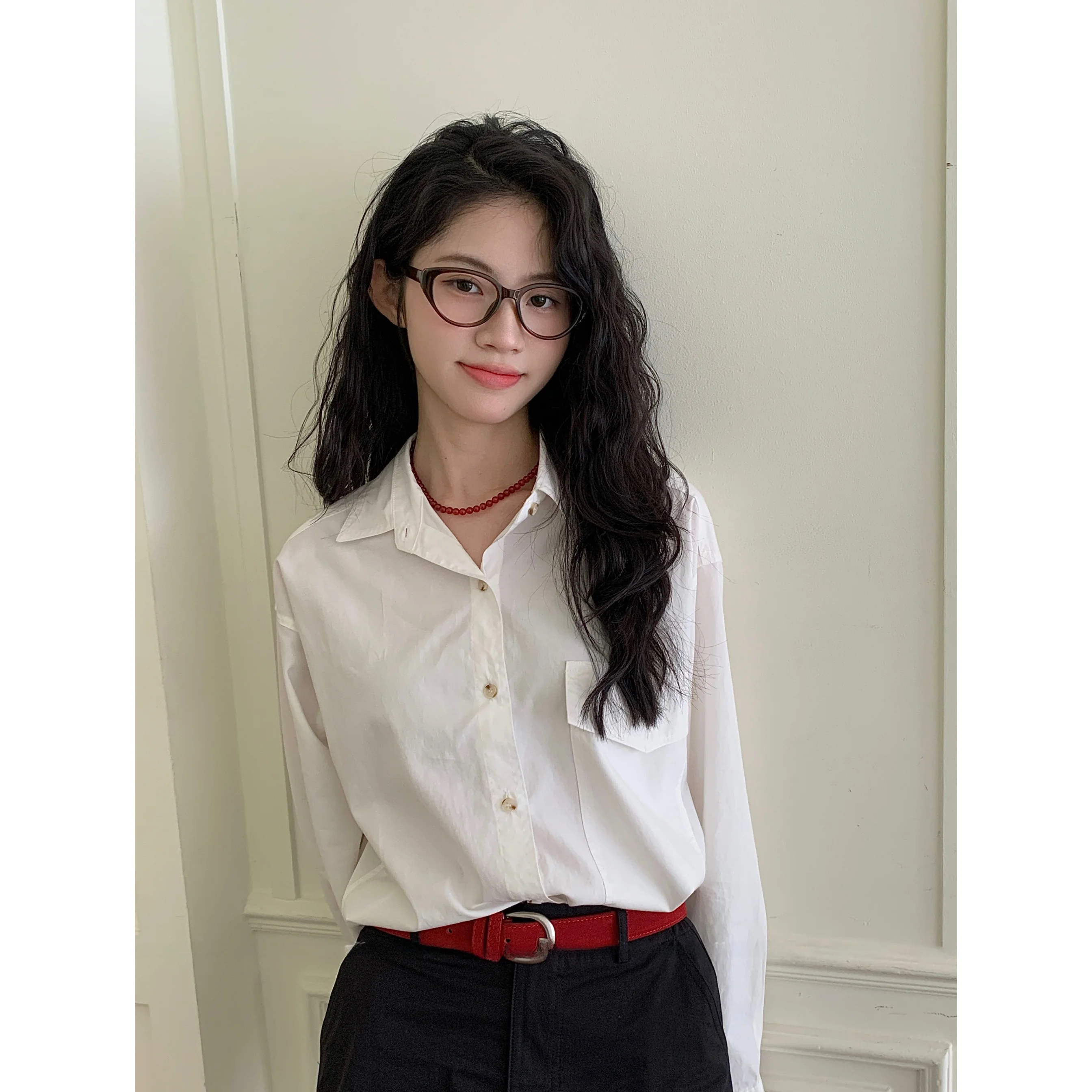 

Sosomall Classic White irt Cotton Loose Long Sve Faionable Commute Sle Pure Color Versatile Loose Silhouette