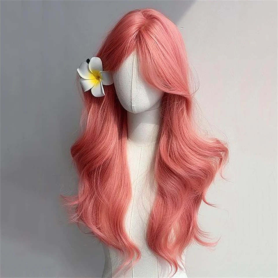 Peruca rosa longa ondulada sintética, parte intermediária, onda natural, resistente ao calor, cosplay, festa diária, adequada para mulheres lm