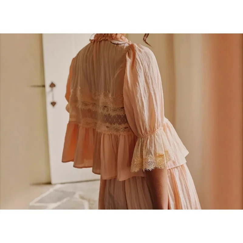 Lace Shirt V-Neck Lantern Sleeves Loose Top Cardigan