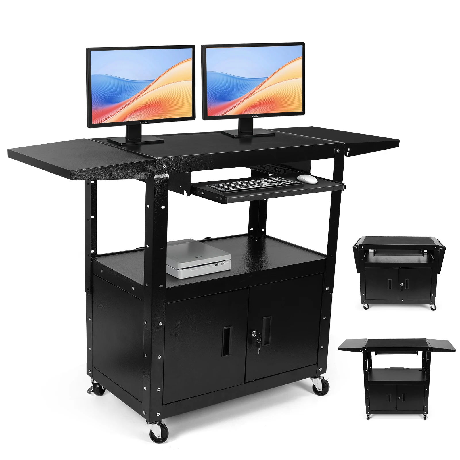 

Large Mobile AV Cart with Locking Cabinet Height Adjustable Rolling Media Cart with Pullout Keyboard Tray for Office