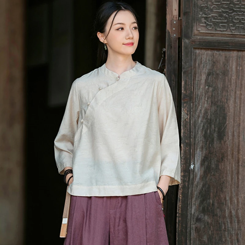 

Женская хлопково-льняная повседневная рубашка в китайском стиле, Новое поступление, осень 202, винтажная однотонная женская рубашка с воротником-стойкой, M1839