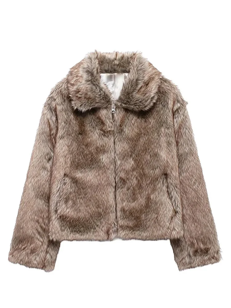 Lapel Loose Thicken Faux Fur Jackets Women Long Sleeved Short Fluffy Warm Coats 2024 Autumn Winter Fashion Outerwear Streetwear