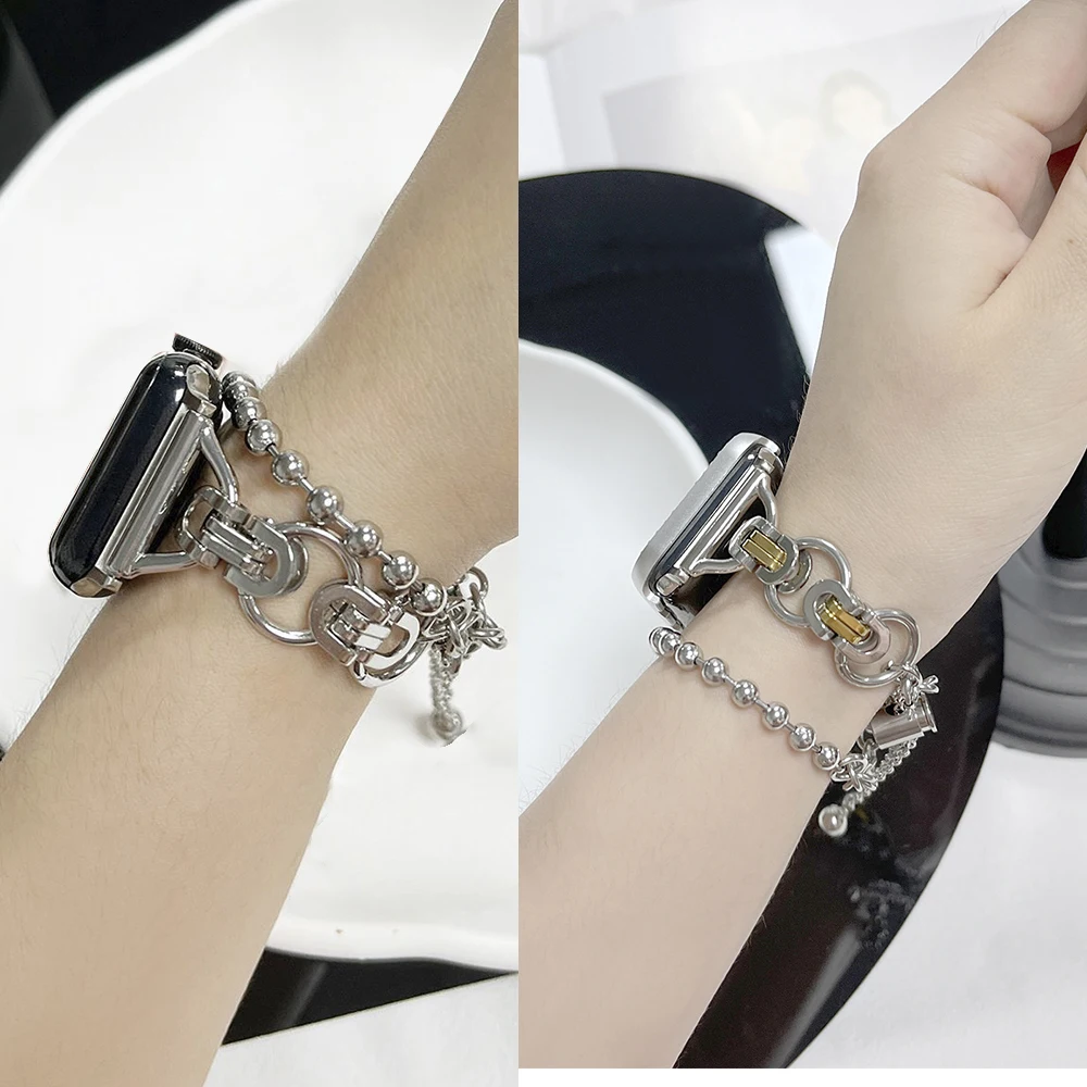 ステンレス鋼ダブルリングブレスレットストラップ Apple Watch Ultra 1/2 49 ミリメートル S10 46-38 ミリメートル男性と女性のストラップ iwatch S9 S8