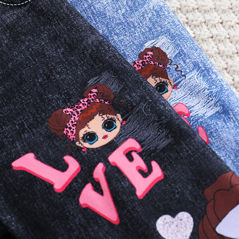 Girls\' 2pcs Cute Heart & Character Print Soft Knit Leggings - Mock Denim Style - Comfy Summer Outfit