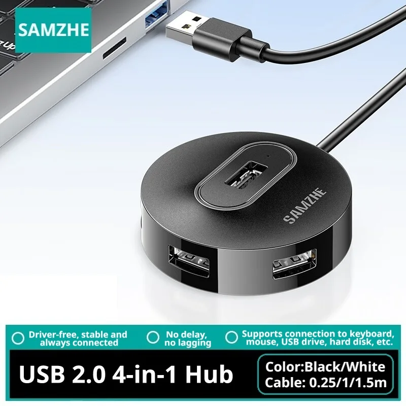 SAMZHE USB2.0 Hub 4 Ports Driver-free High Speed HUB Splitter for Hard Drives USB Flash Drive Adapter MacBook Pro PC Accessories