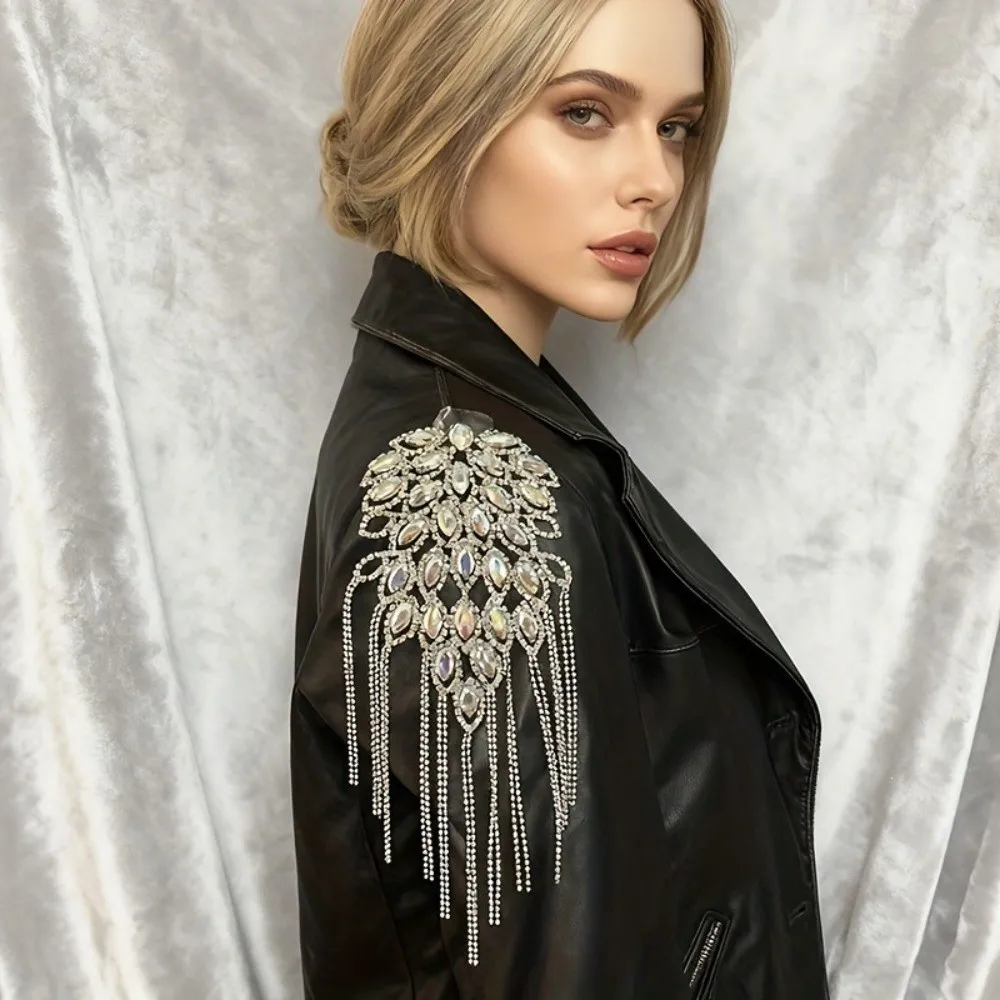 Peacock Tassel Chain Epaulette Rhinestone Cool Brooch Shoulder Board Punk High-end Jacket Shoulder Chain Western-style Clothes