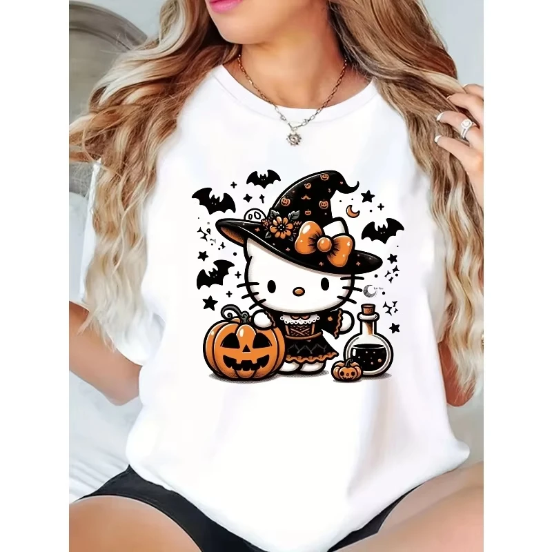 

MINISO Halloween Witch Dress Up Hello Kitty Print T-shirt Sanrio New Women Plus Size Holiday Gift Loose Casual Short-sleeved Top