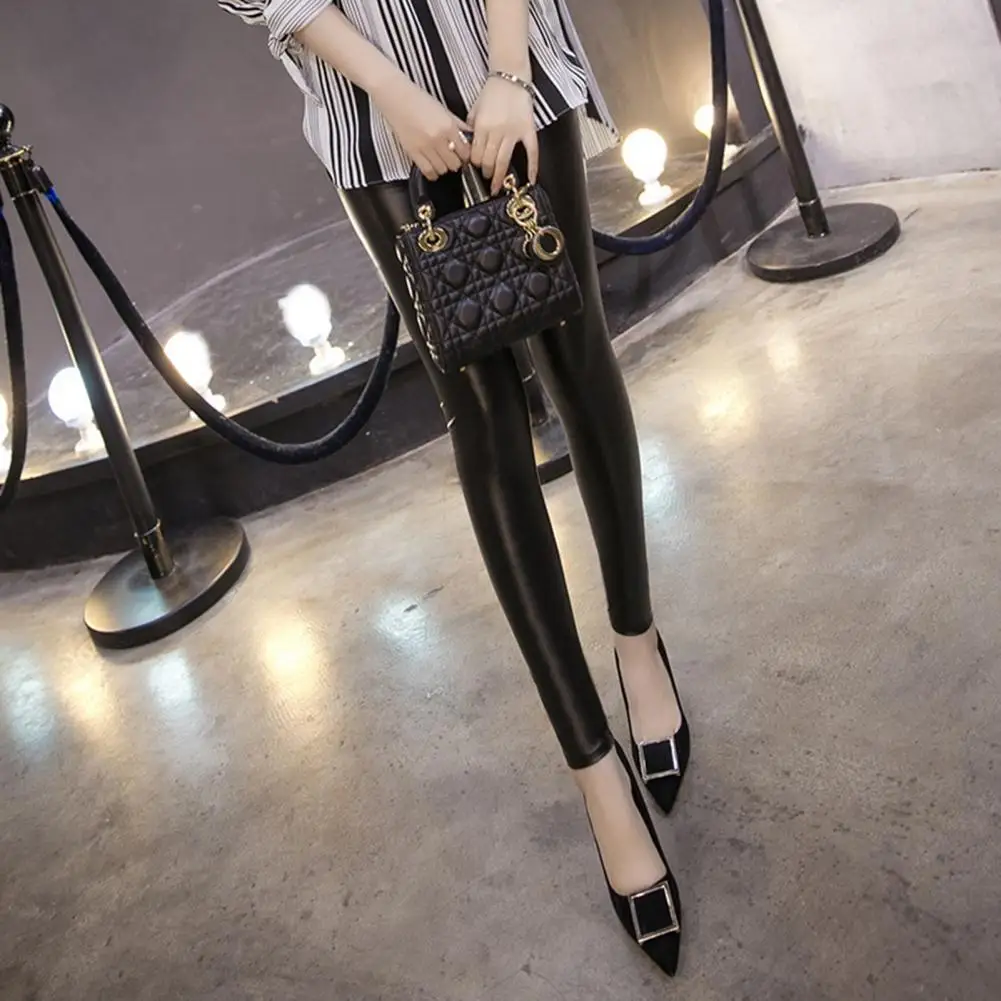 เซ็กซี่สีดํา PU หนัง Tights ผู้หญิงกางเกงเอวสูงยืดหยุ่นสูง Slim แฟชั่นยกสะโพกกางเกงขายาว Skinny Tights