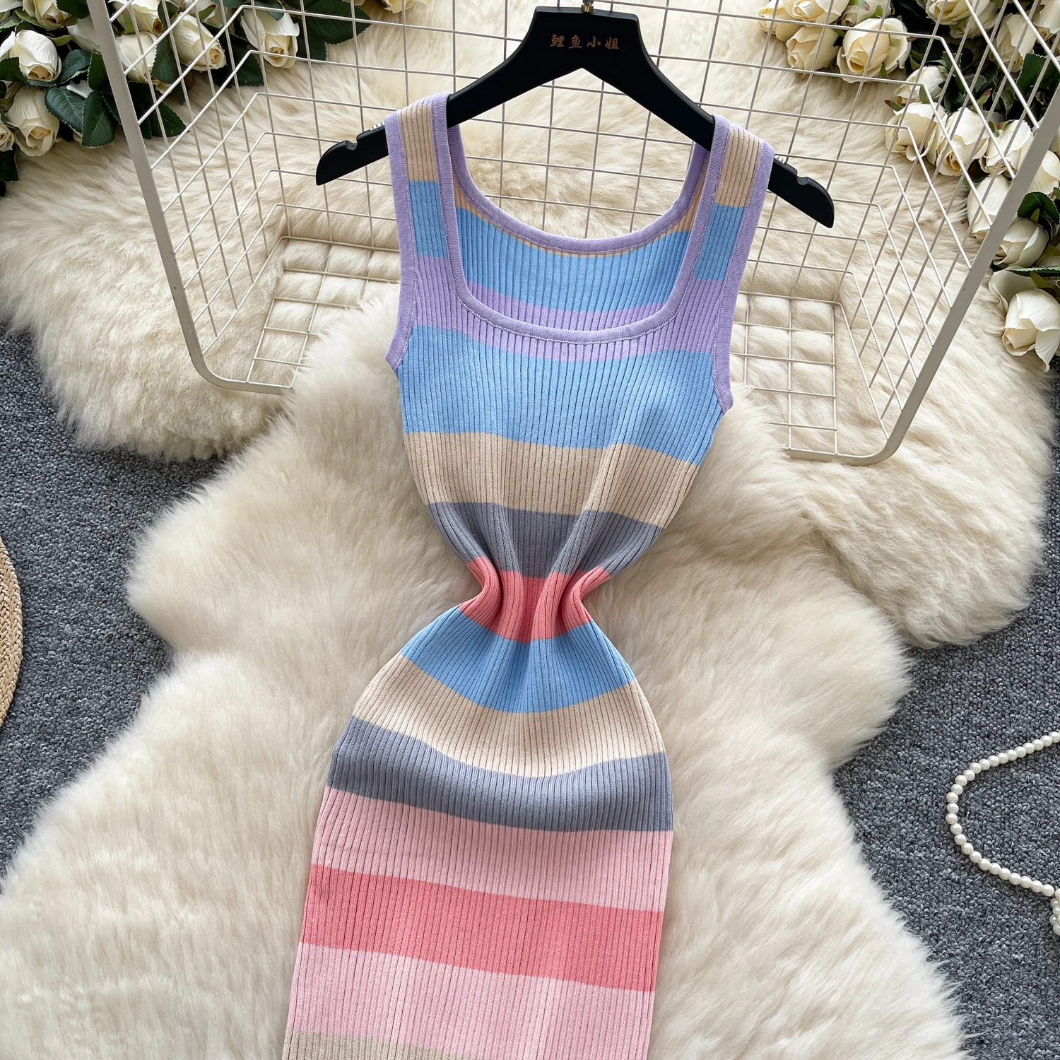 REALEFT ฤดูร้อน Vintage Rainbow ผู้หญิงถักชุด 2025 ใหม่แขนกุดสแควร์ Casual Sheath ดินสอห่อชุดหญิง