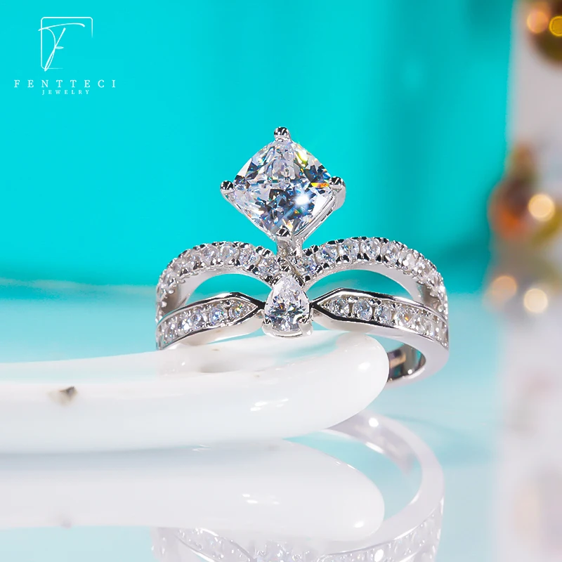FENTTECI 925 Sterling Silver Platinum Plated Moissanite Crown Ring Micro-set Water Drop Luxury Jewelry for Women Wedding Gift