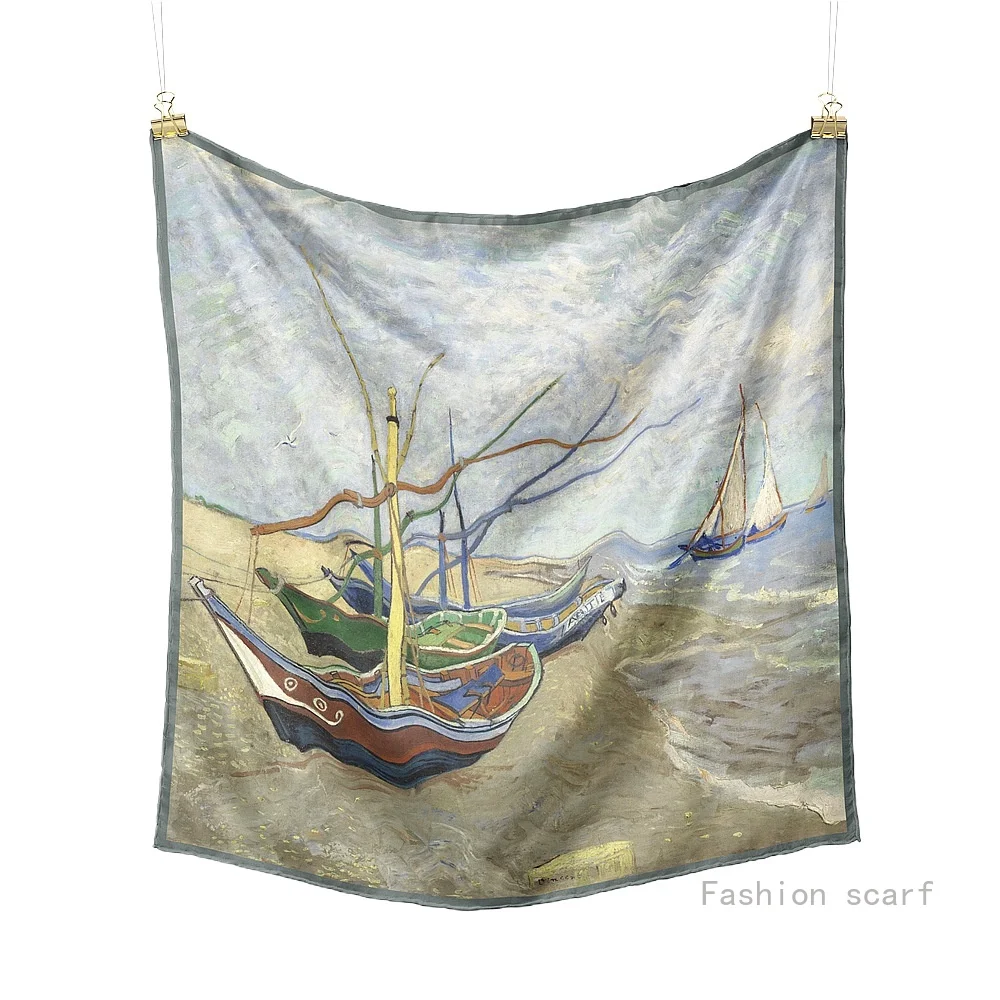 

Fashion Versatile Decorative Oil Painting Fishing Boat Girl On The Beach Twill Small Square Scarf Silk Scarf Wholesale Girl Gift