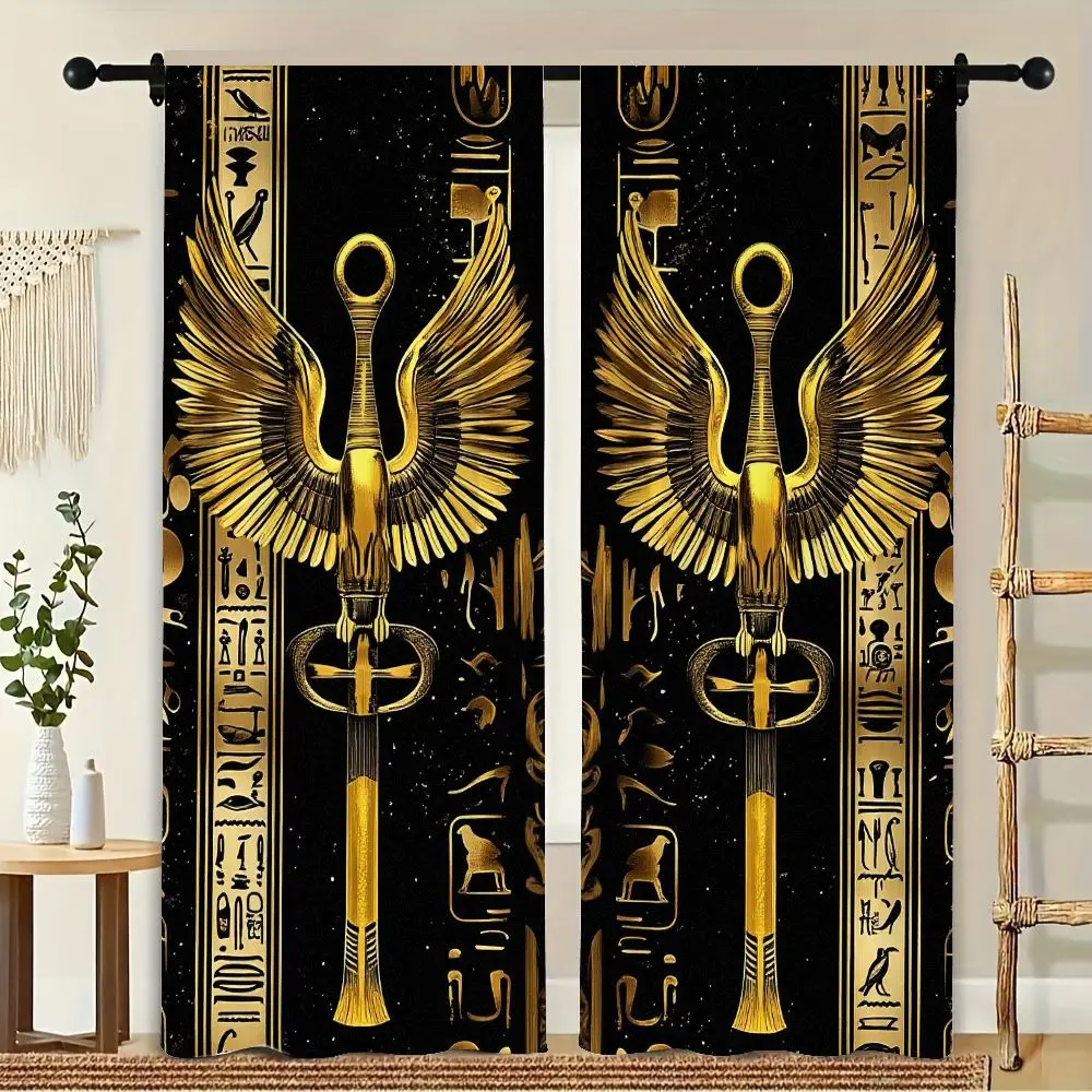 

1Set/2pcs Curtains, 2D Flat Ancient Egyptian Gold Scepter Art Window Drapes for Bedroom Room Decor Decoration Window Treatment.