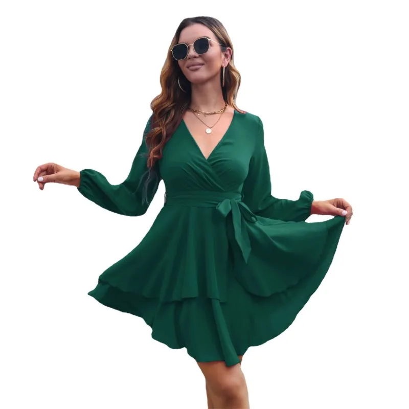 Sexy decote em v cintura cinched rendas até em camadas plissado borda vestido de manga comprida para primavera outono feminino elegante saia curta